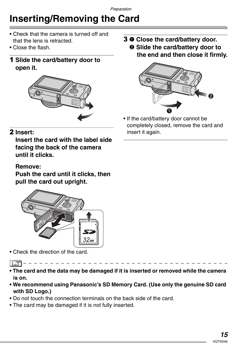 Inserting/removing the card | Panasonic DMC-LX1GN User Manual | Page 15 / 128