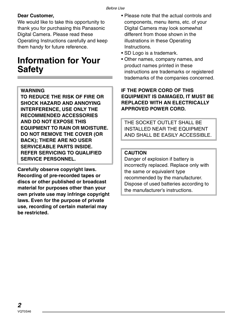 Information for your safety | Panasonic DMC-LX1GN User Manual | Page 2 / 128