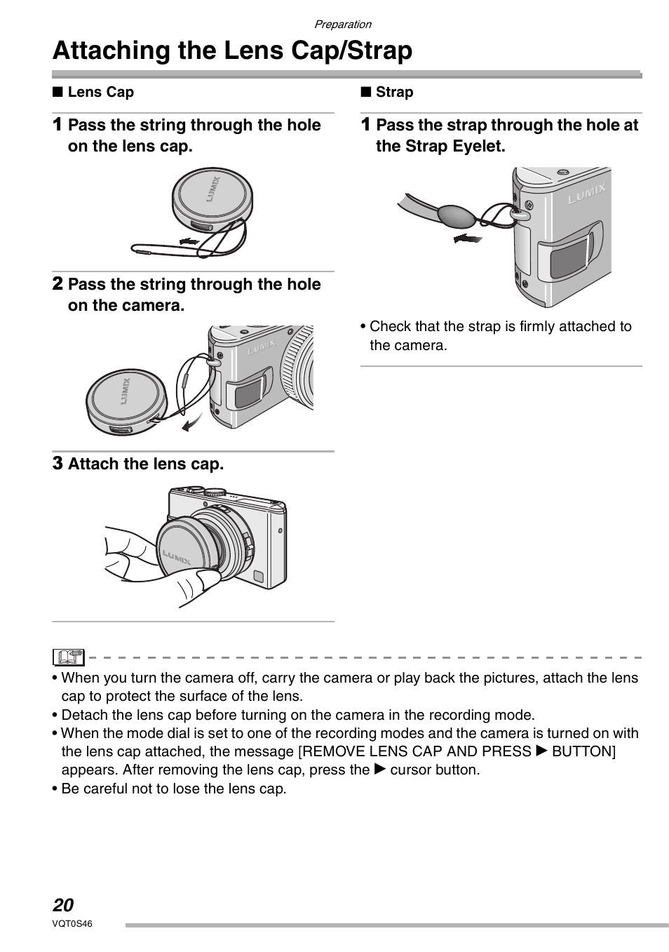 Attaching the lens cap/strap | Panasonic DMC-LX1GN User Manual | Page 20 / 128