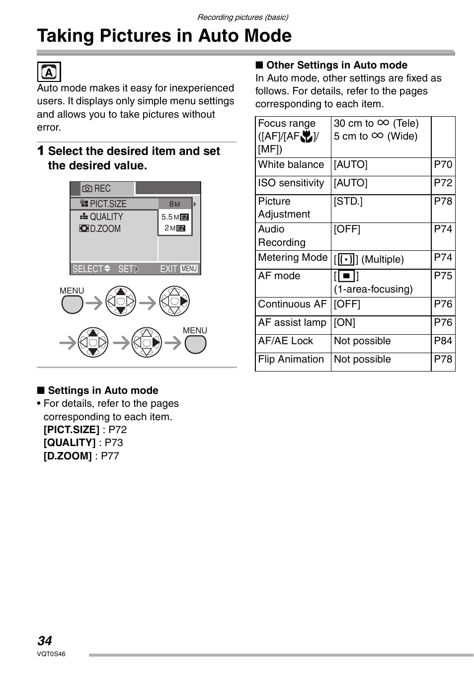 Taking pictures in auto mode, Select the desired item and set the desired value | Panasonic DMC-LX1GN User Manual | Page 34 / 128