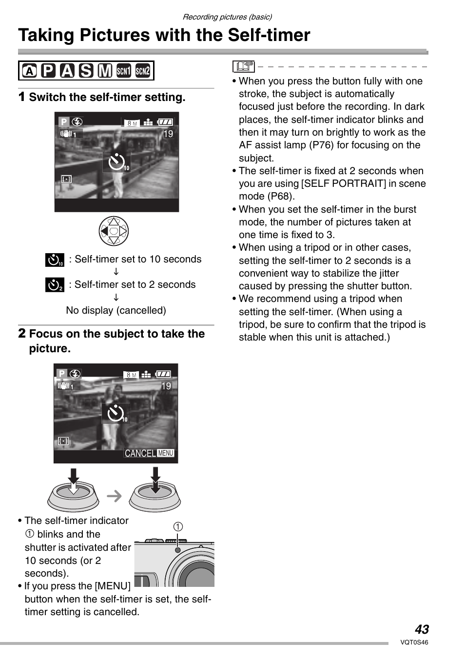 Taking pictures with the self-timer | Panasonic DMC-LX1GN User Manual | Page 43 / 128