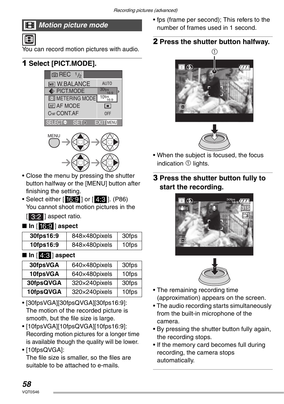 Select [pict.mode, Press the shutter button halfway, Motion picture mode | Panasonic DMC-LX1GN User Manual | Page 58 / 128