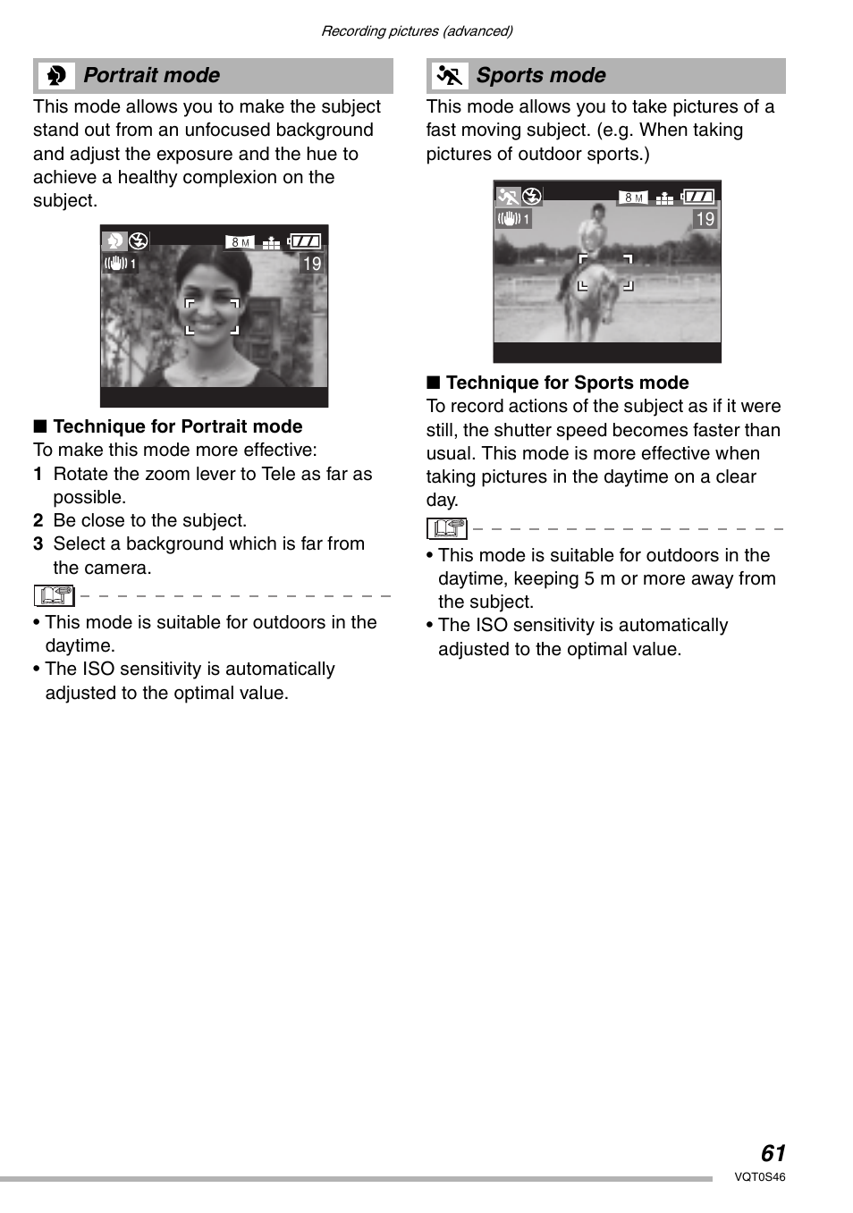 Portrait mode, Sports mode | Panasonic DMC-LX1GN User Manual | Page 61 / 128