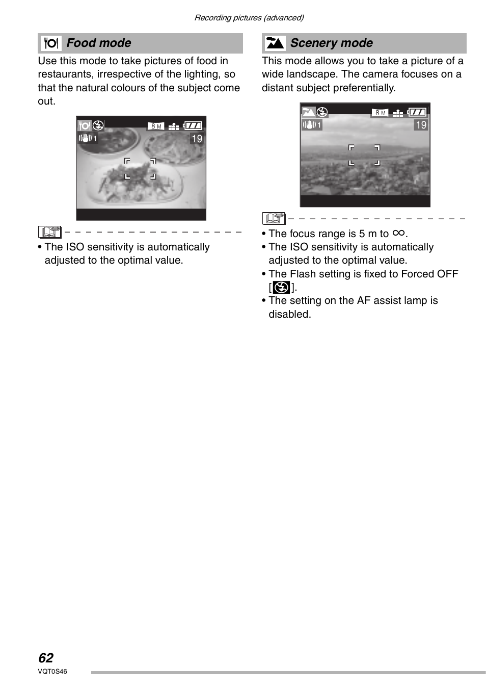 Food mode, Scenery mode | Panasonic DMC-LX1GN User Manual | Page 62 / 128