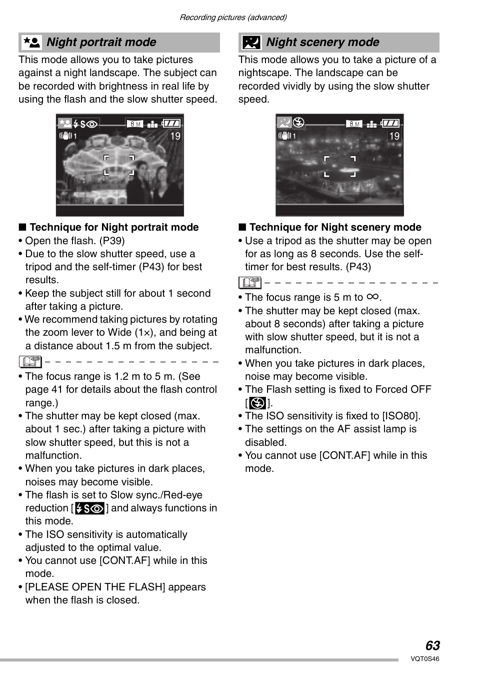 Night portrait mode, Night scenery mode | Panasonic DMC-LX1GN User Manual | Page 63 / 128