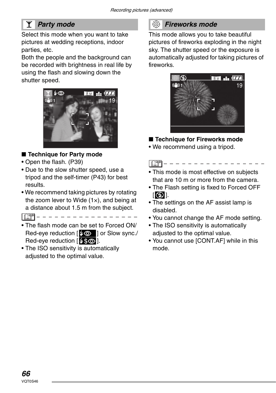 Party mode, Fireworks mode | Panasonic DMC-LX1GN User Manual | Page 66 / 128