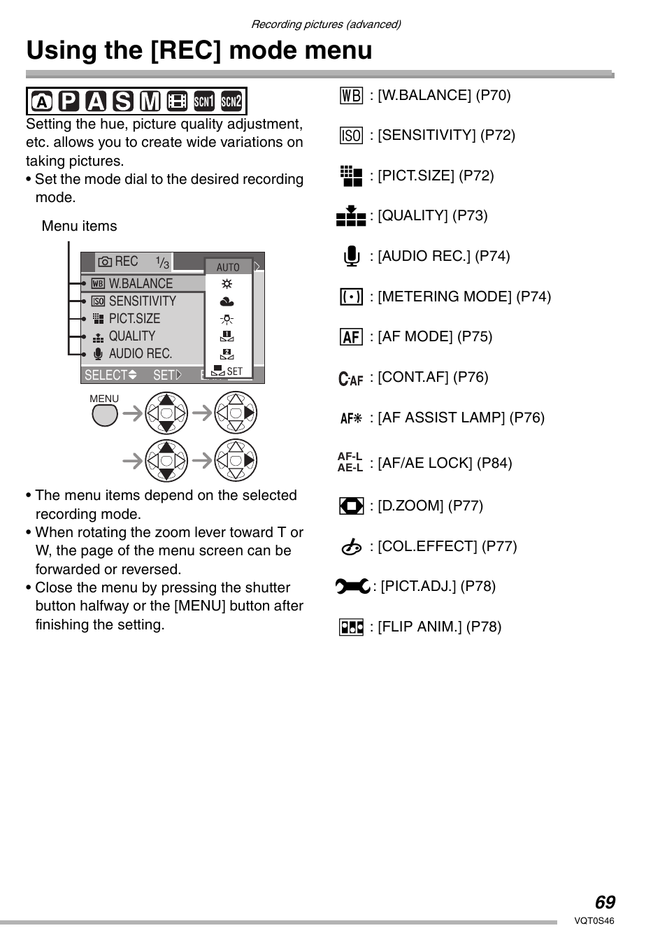 Using the [rec] mode menu | Panasonic DMC-LX1GN User Manual | Page 69 / 128
