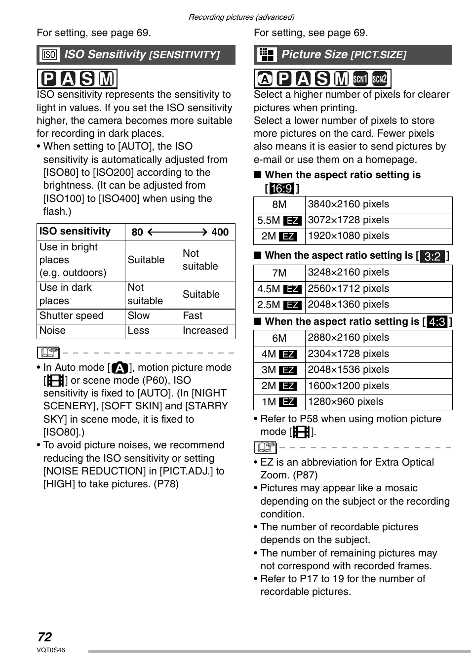 Iso sensitivity, Picture size | Panasonic DMC-LX1GN User Manual | Page 72 / 128