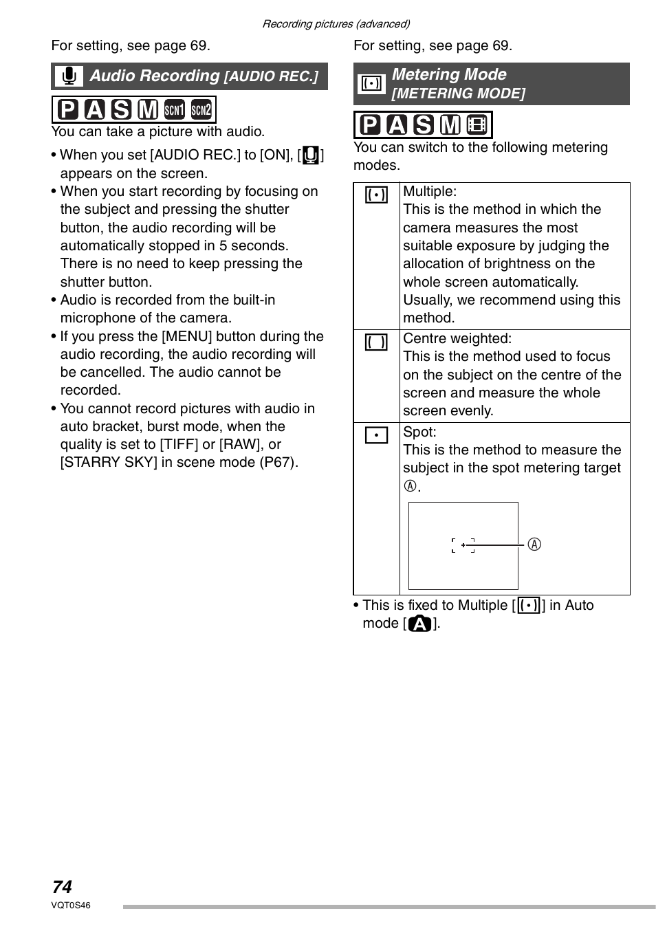 Audio recording, Metering mode | Panasonic DMC-LX1GN User Manual | Page 74 / 128