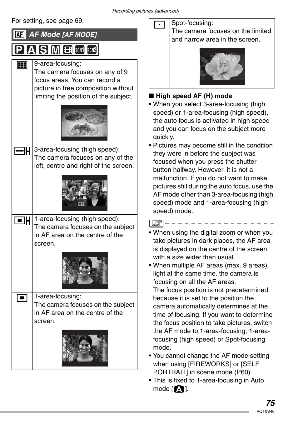 Af mode | Panasonic DMC-LX1GN User Manual | Page 75 / 128