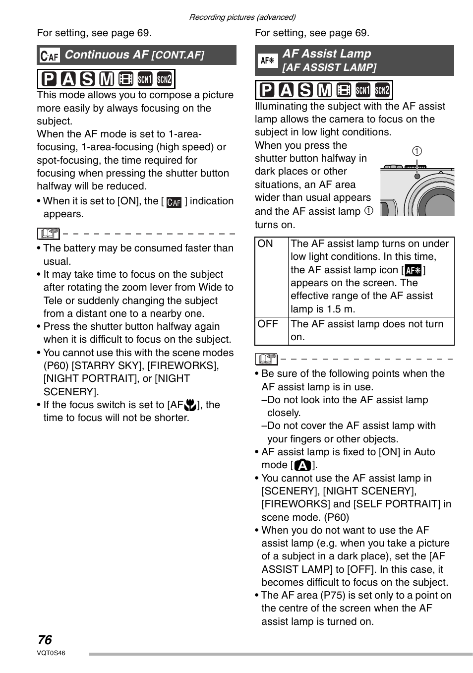 Continuous af, Af assist lamp | Panasonic DMC-LX1GN User Manual | Page 76 / 128