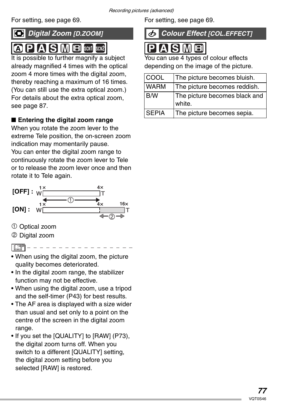 Digital zoom, Colour effect | Panasonic DMC-LX1GN User Manual | Page 77 / 128