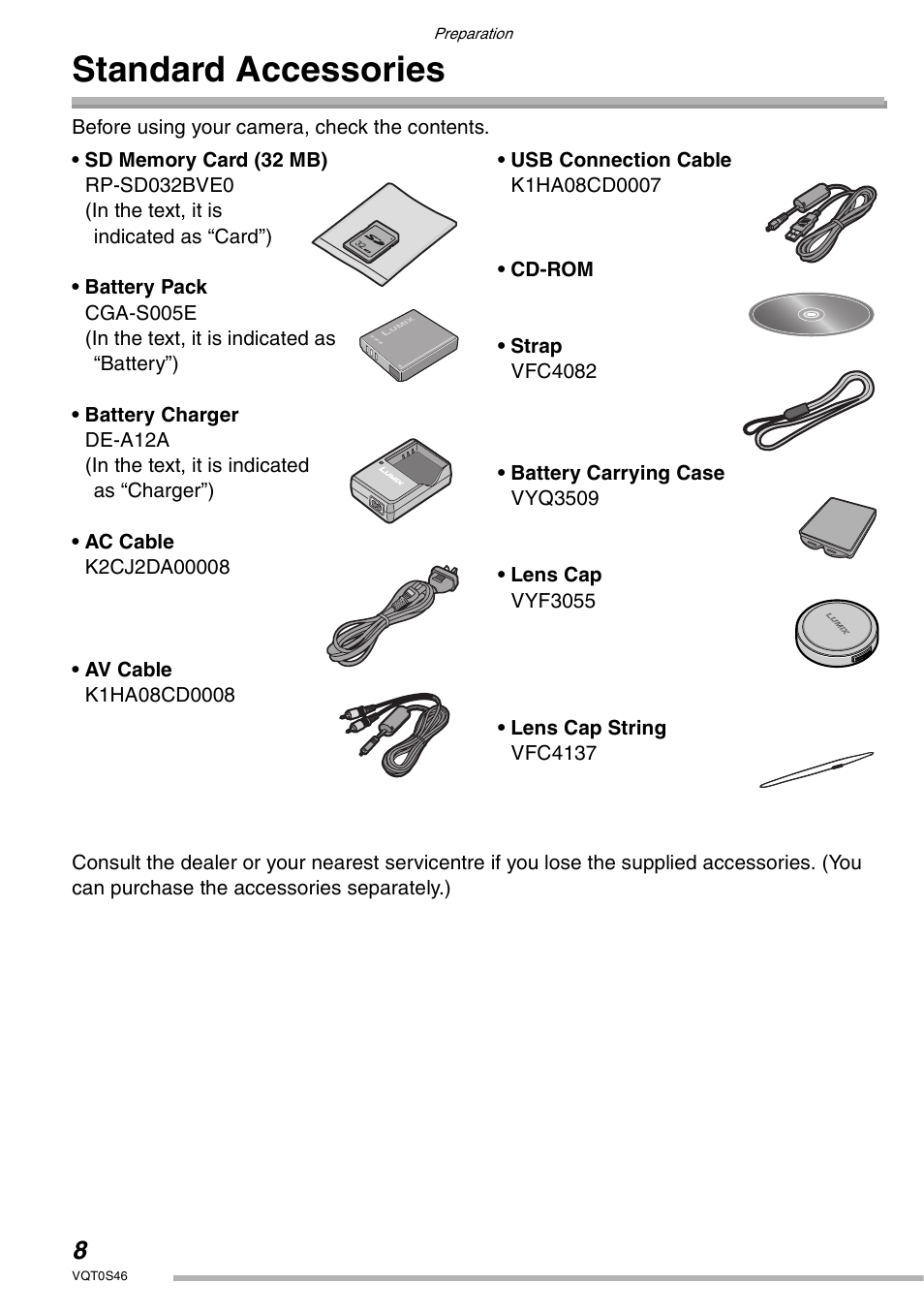 Standard accessories | Panasonic DMC-LX1GN User Manual | Page 8 / 128