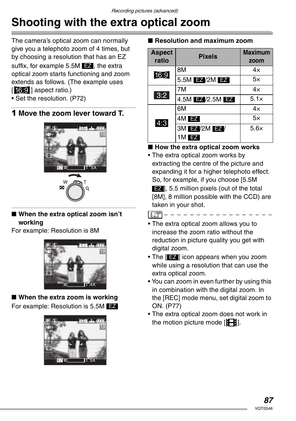 Shooting with the extra optical zoom, Move the zoom lever toward t | Panasonic DMC-LX1GN User Manual | Page 87 / 128