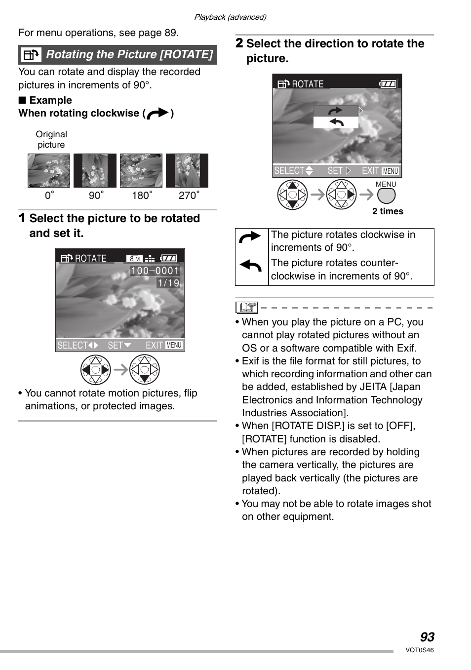 Select the picture to be rotated and set it, Select the direction to rotate the picture, Rotating the picture [rotate | Panasonic DMC-LX1GN User Manual | Page 93 / 128