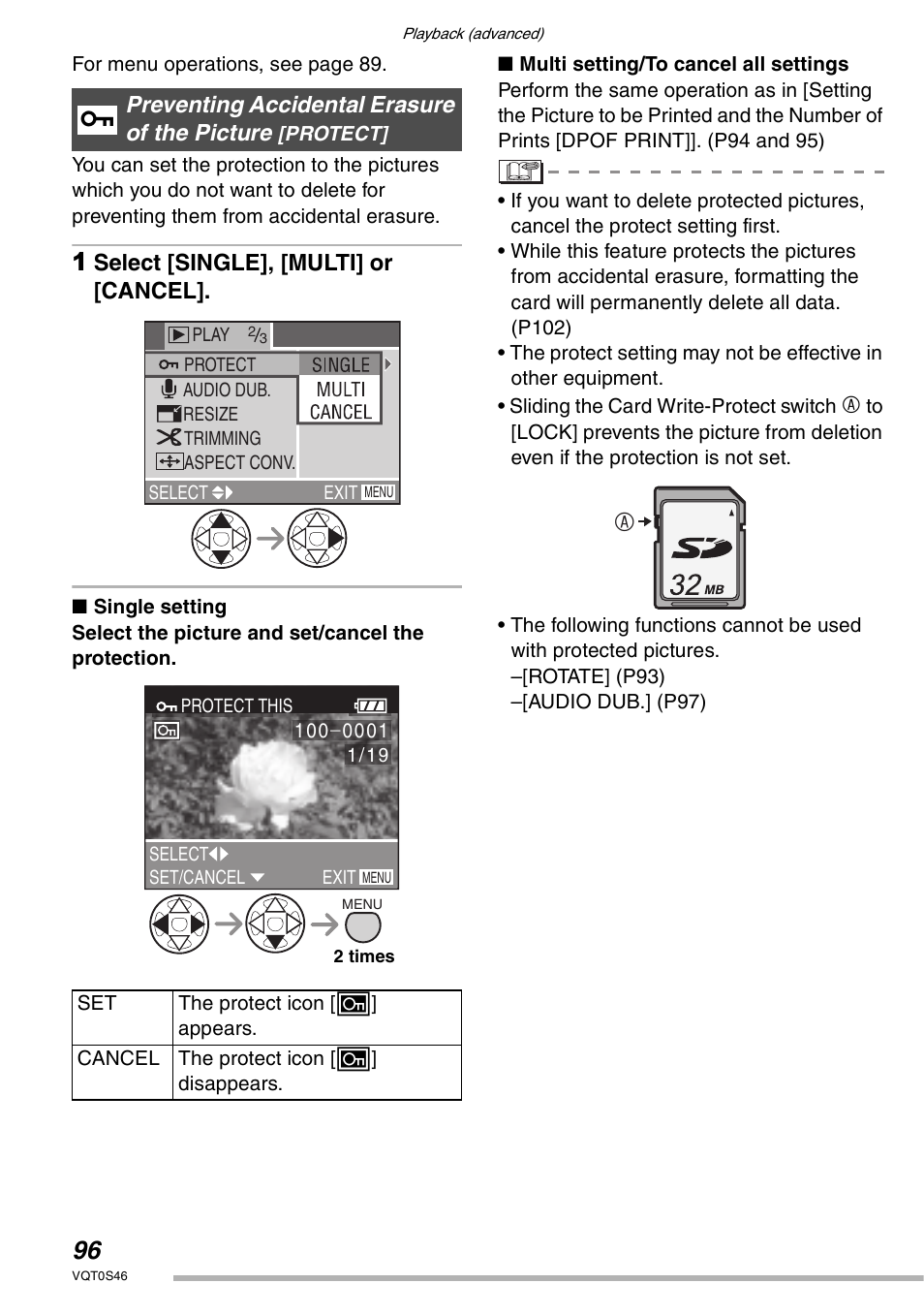 Select [single], [multi] or [cancel, Preventing accidental erasure of the picture | Panasonic DMC-LX1GN User Manual | Page 96 / 128