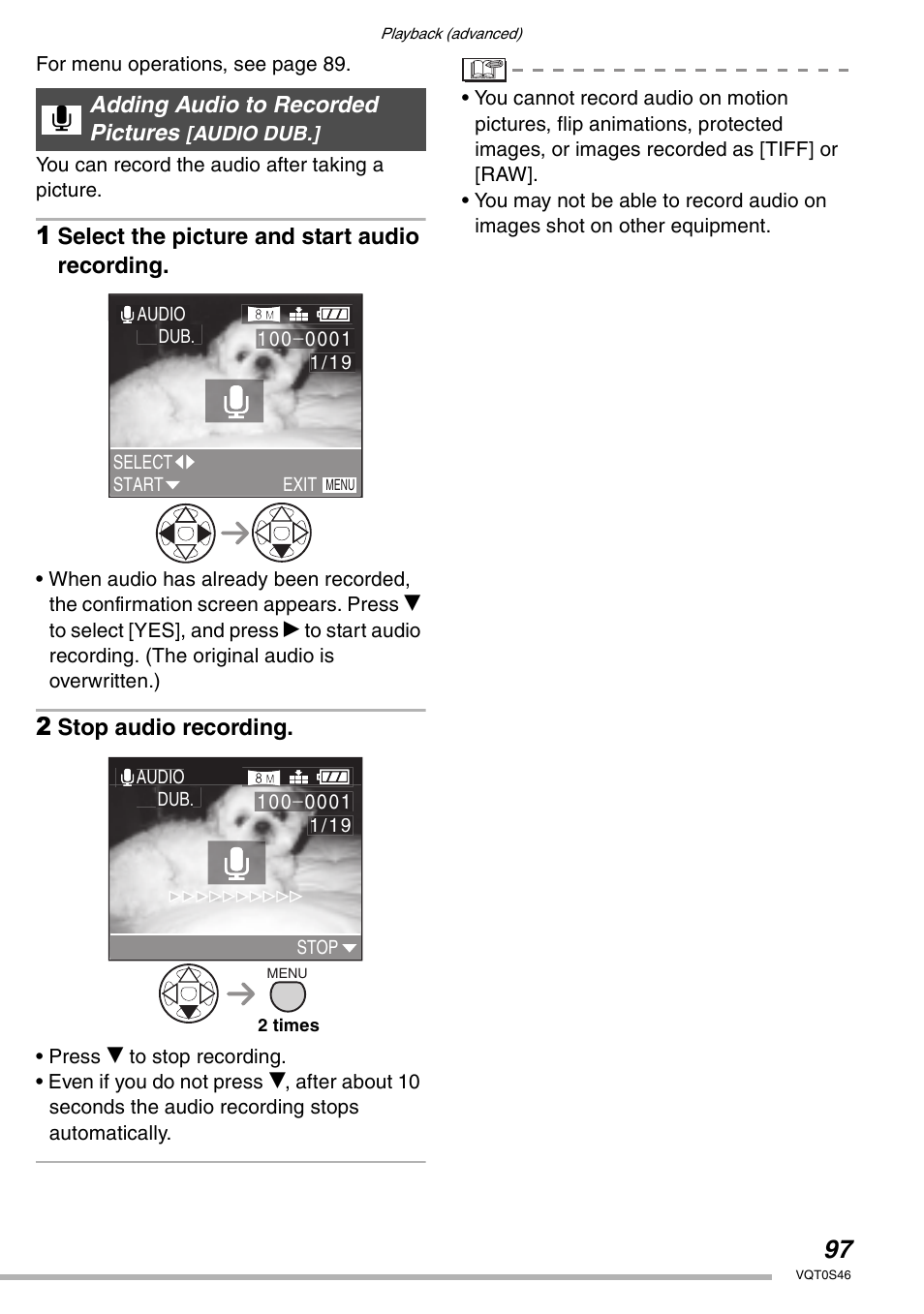 Select the picture and start audio recording, Stop audio recording, Adding audio to recorded pictures | Panasonic DMC-LX1GN User Manual | Page 97 / 128