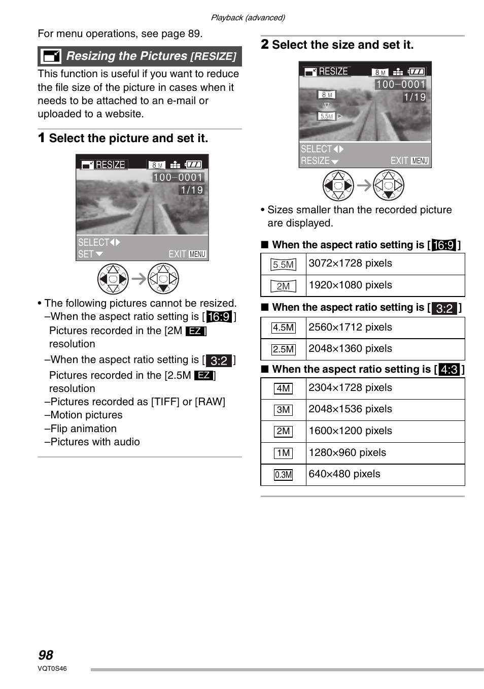 Select the picture and set it, Select the size and set it, Resizing the pictures | Panasonic DMC-LX1GN User Manual | Page 98 / 128
