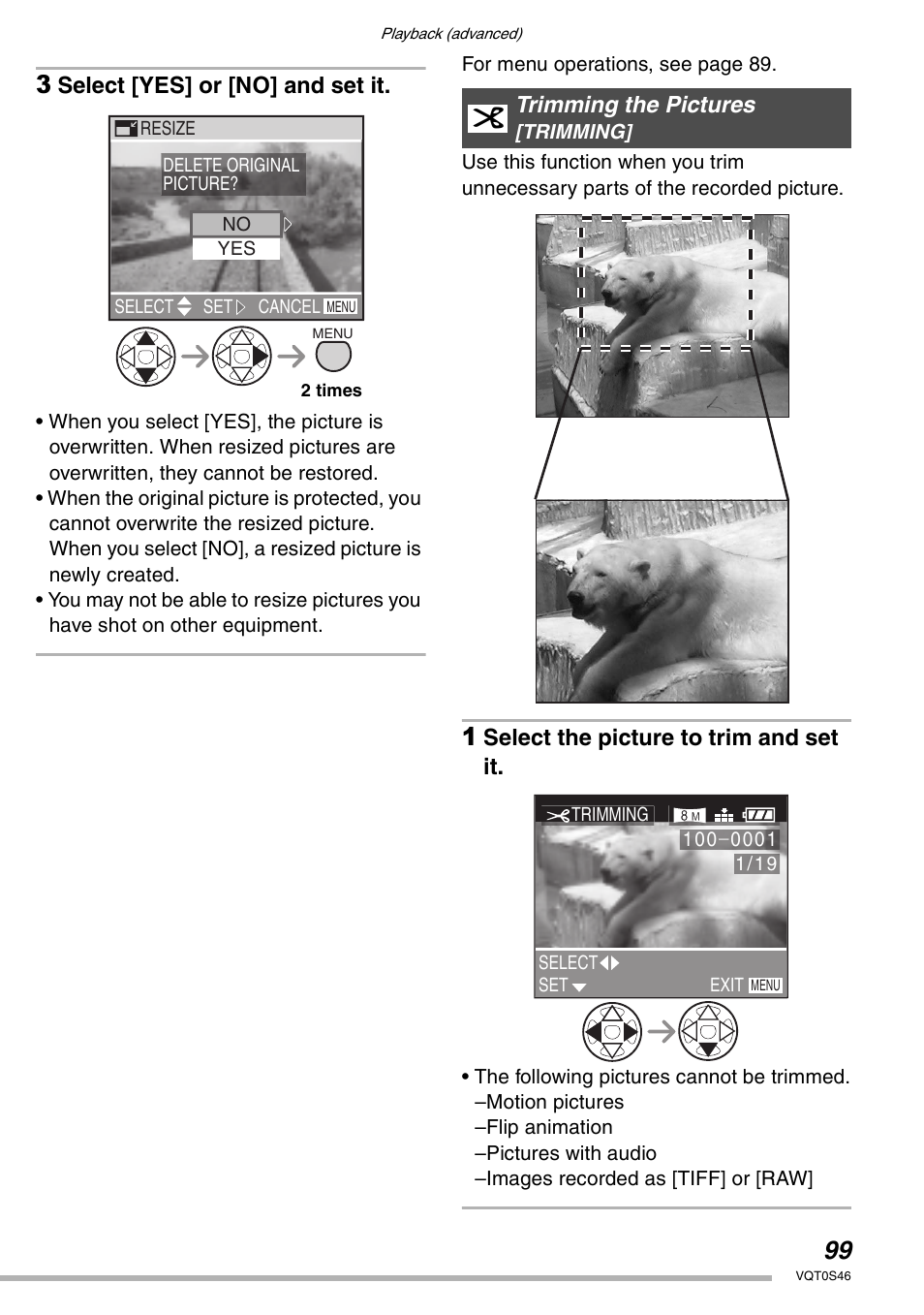 Select [yes] or [no] and set it, Select the picture to trim and set it, Trimming the pictures | Panasonic DMC-LX1GN User Manual | Page 99 / 128
