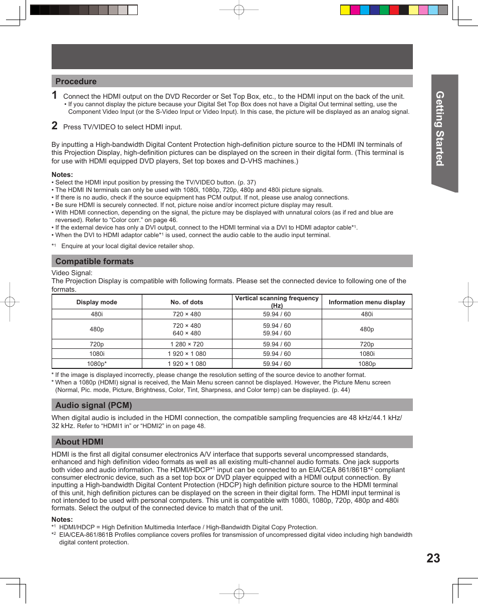 Getting start ed | Panasonic PT 56DLX76 User Manual | Page 23 / 92