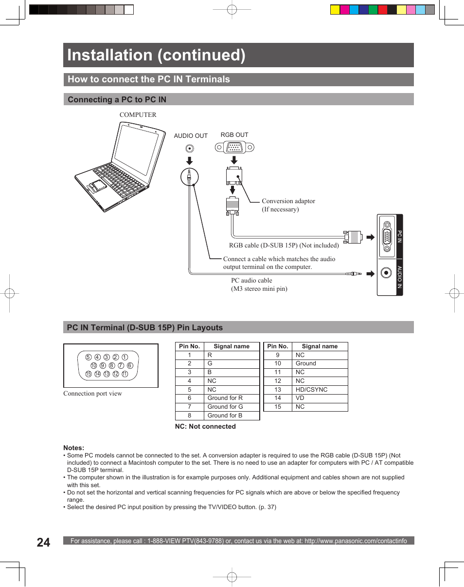 Installation (continued), How to connect the pc in terminals | Panasonic PT 56DLX76 User Manual | Page 24 / 92