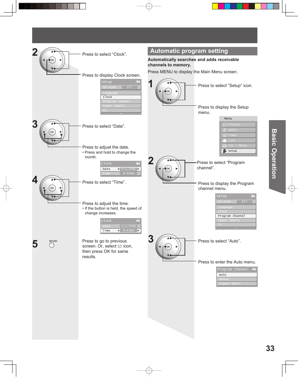 Basic operation, Automatic program setting | Panasonic PT 56DLX76 User Manual | Page 33 / 92