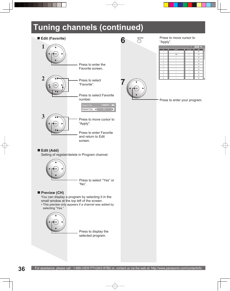 Tuning channels (continued), Edit (add), Preview (ch) | Edit (favorite), Press to display the selected program, Press to enter the favorite screen | Panasonic PT 56DLX76 User Manual | Page 36 / 92