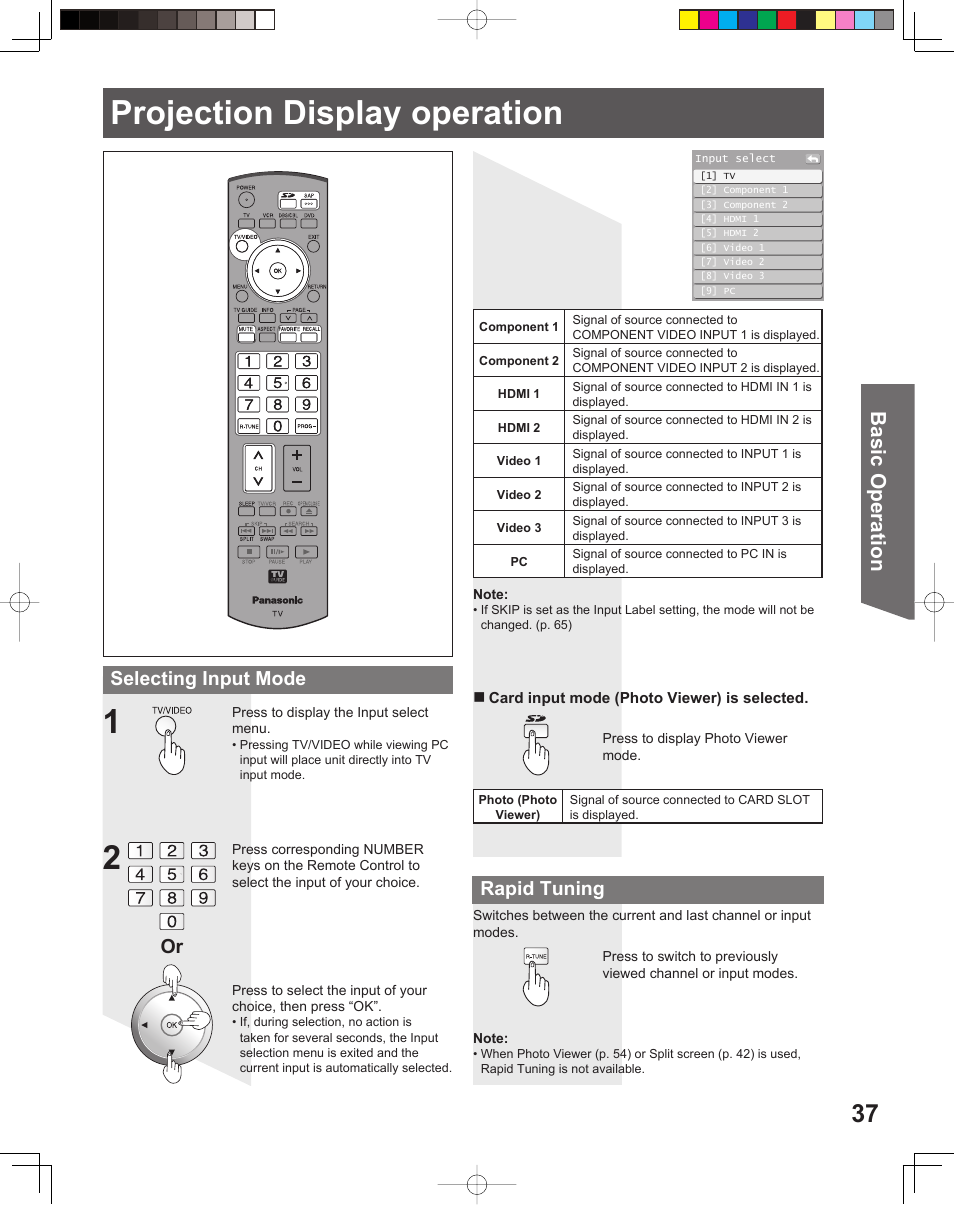 Projection display operation, Basic operation, Rapid tuning | Selecting input mode | Panasonic PT 56DLX76 User Manual | Page 37 / 92