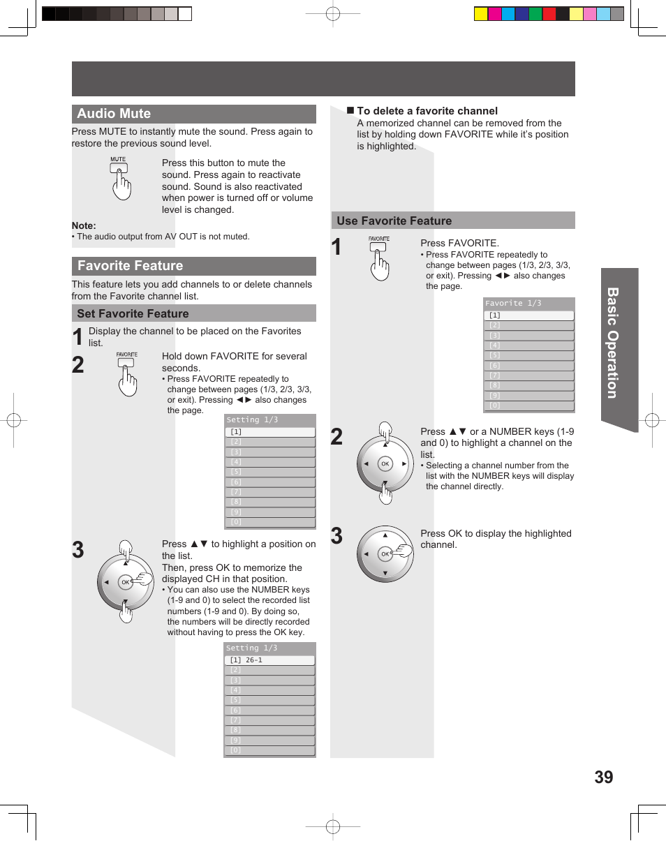 Basic operation, Audio mute, Favorite feature | Panasonic PT 56DLX76 User Manual | Page 39 / 92