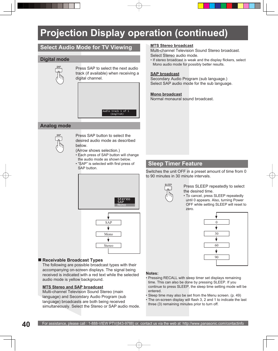 Projection display operation (continued), Select audio mode for tv viewing, Sleep timer feature | Panasonic PT 56DLX76 User Manual | Page 40 / 92