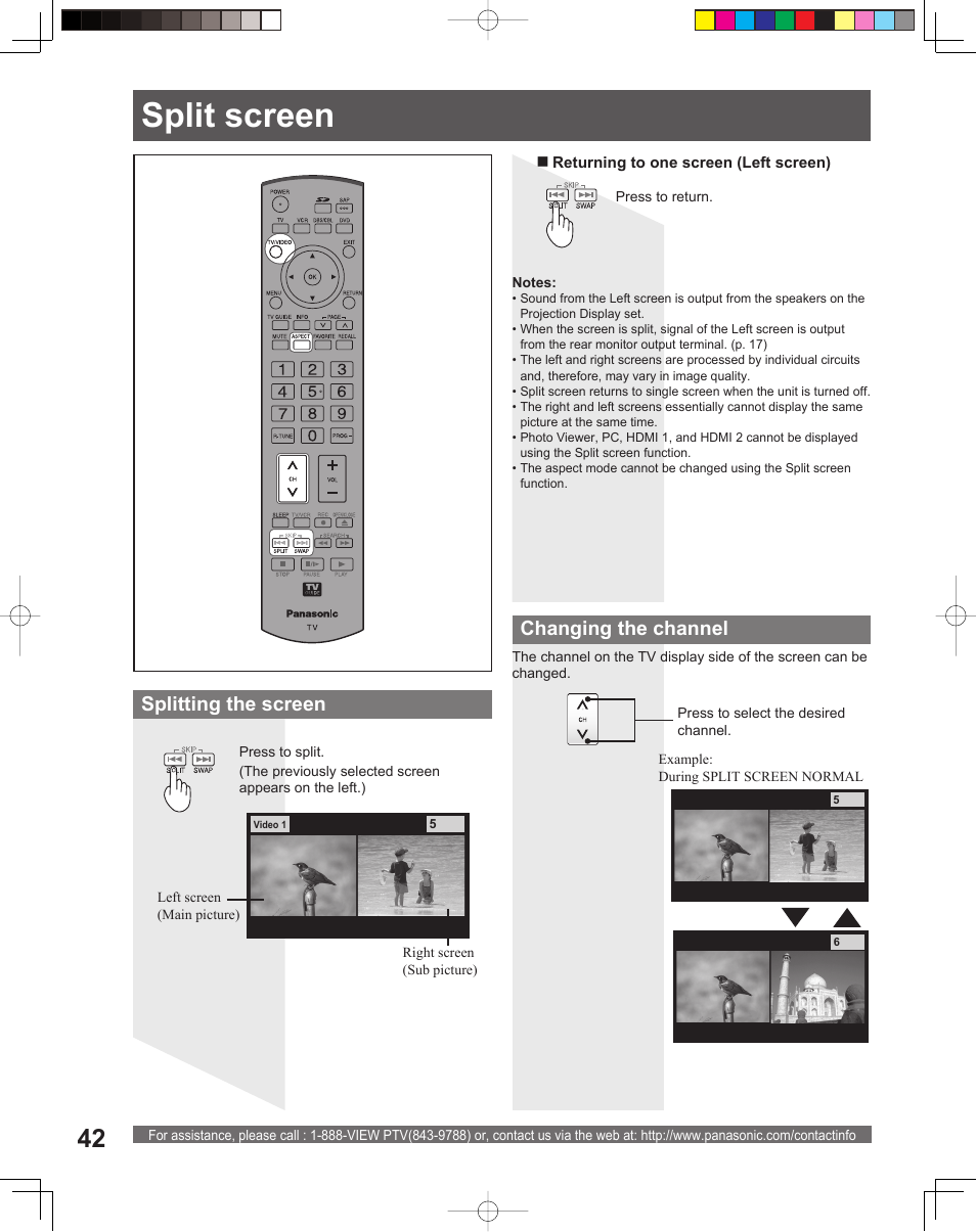 Split screen, Splitting the screen, Changing the channel | Panasonic PT 56DLX76 User Manual | Page 42 / 92