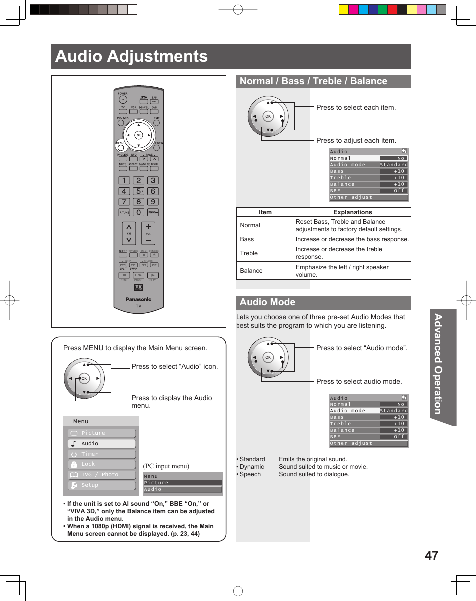 Audio adjustments, Audio ad just ments, Advanced op er a tion | Normal / bass / treble / balance, Audio mode | Panasonic PT 56DLX76 User Manual | Page 47 / 92
