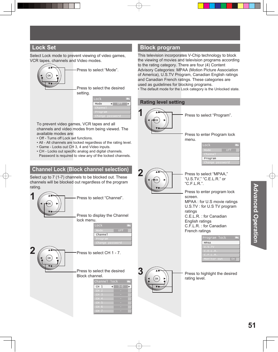 Advanced op er a tion, Lock set, Channel lock (block channel selection) | Block program | Panasonic PT 56DLX76 User Manual | Page 51 / 92