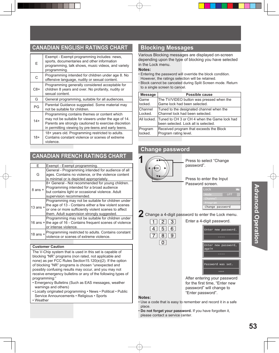 Advanced op er a tion, Canadian english ratings chart, Blocking messages | Change password, Canadian french ratings chart | Panasonic PT 56DLX76 User Manual | Page 53 / 92