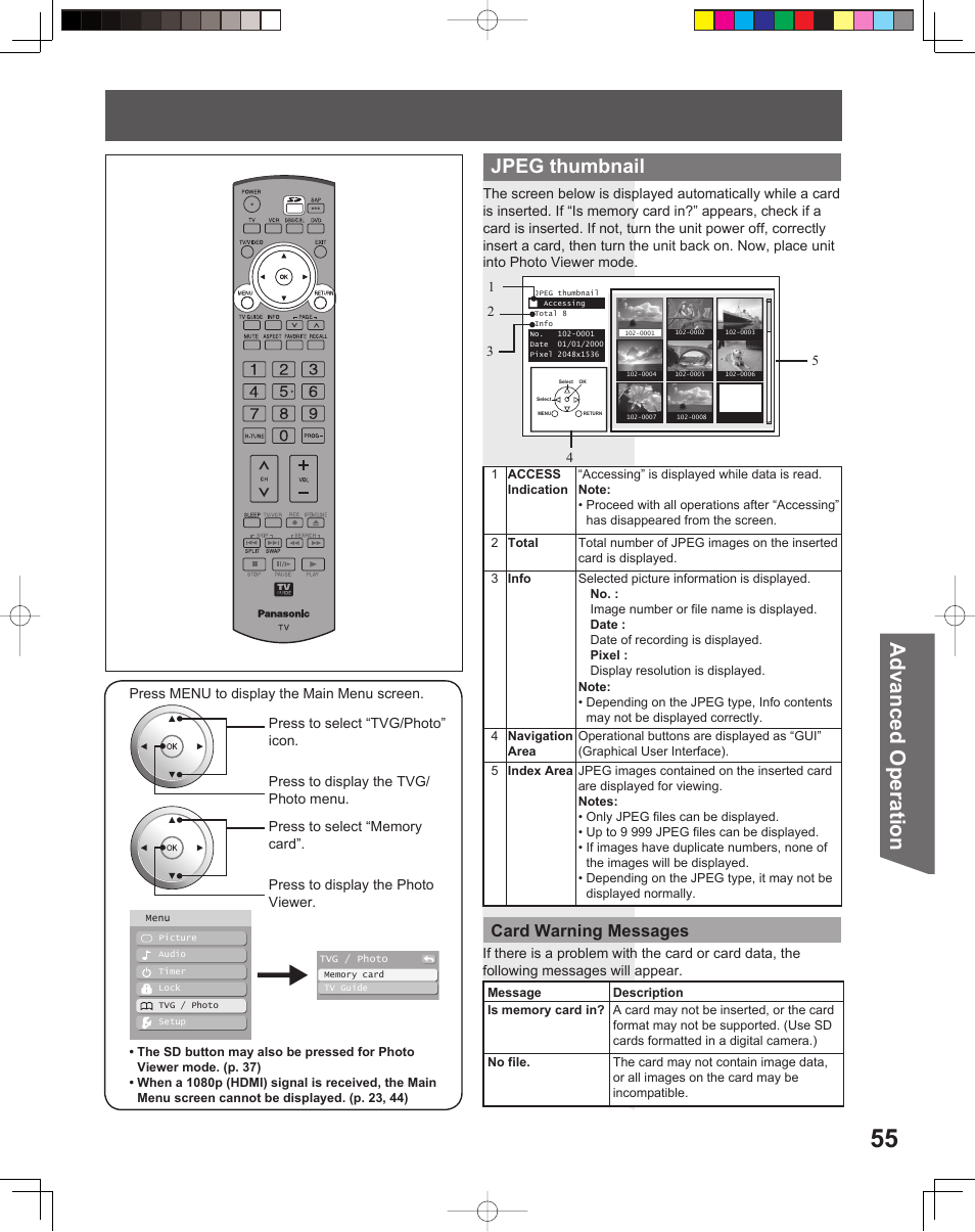 Advanced op er a tion, Jpeg thumbnail, Card warning messages | Panasonic PT 56DLX76 User Manual | Page 55 / 92