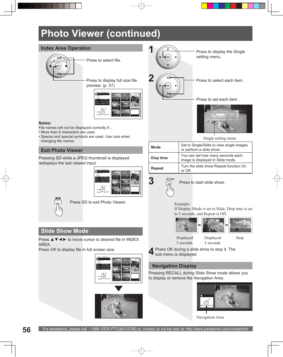 Photo viewer (continued), Slide show mode, Exit photo viewer index area operation | Navigation display, Press to start slide show, Press to display the single setting menu | Panasonic PT 56DLX76 User Manual | Page 56 / 92