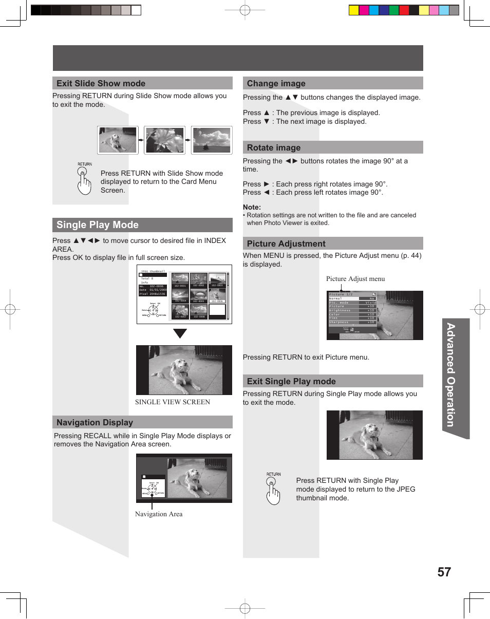 Advanced op er a tion, Single play mode, Exit slide show mode | Change image navigation display, Picture adjustment, Exit single play mode rotate image, Navigation area | Panasonic PT 56DLX76 User Manual | Page 57 / 92