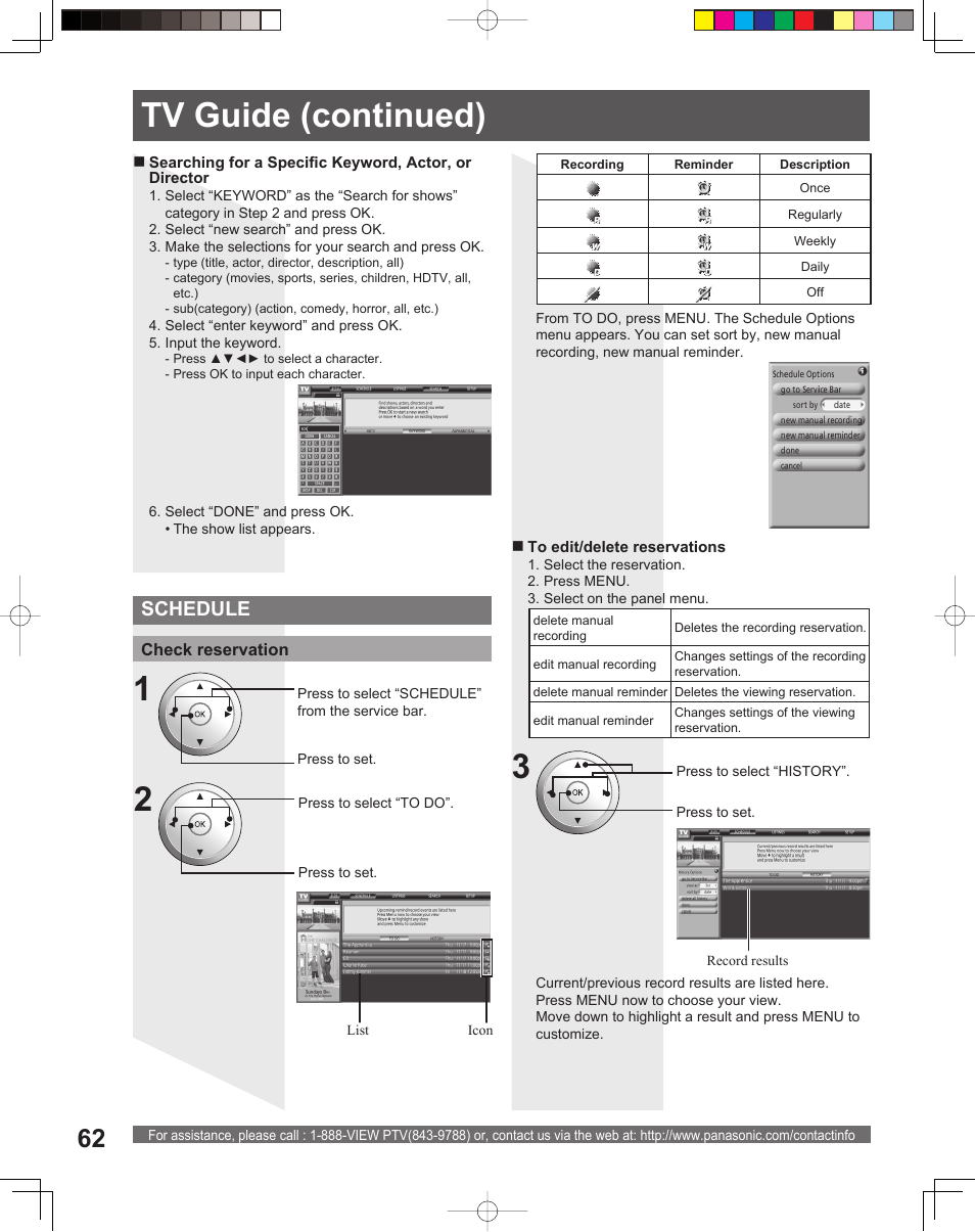 Tv guide (continued), Schedule | Panasonic PT 56DLX76 User Manual | Page 62 / 92