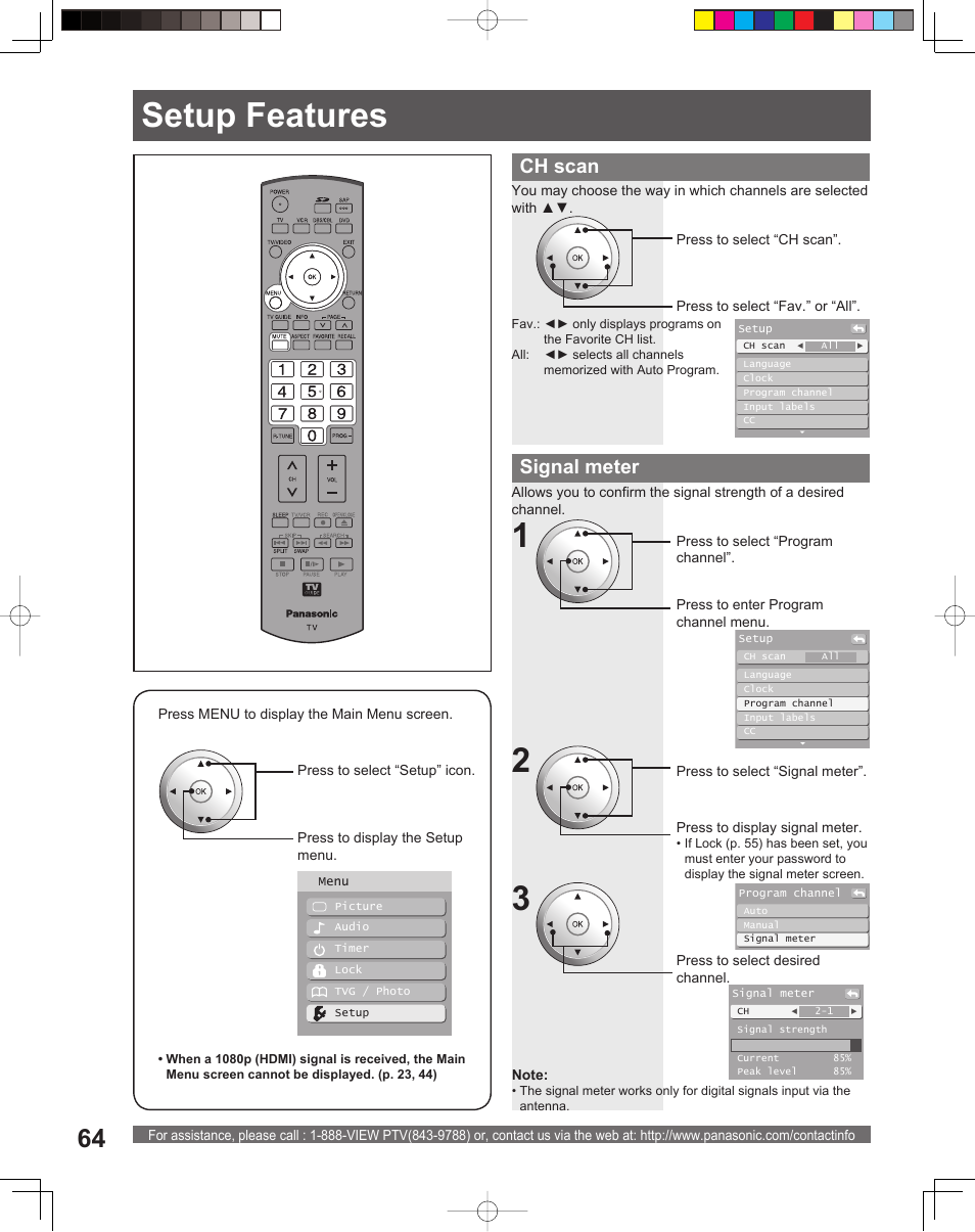 Setup features, 21 setup features, Signal meter | Ch scan | Panasonic PT 56DLX76 User Manual | Page 64 / 92