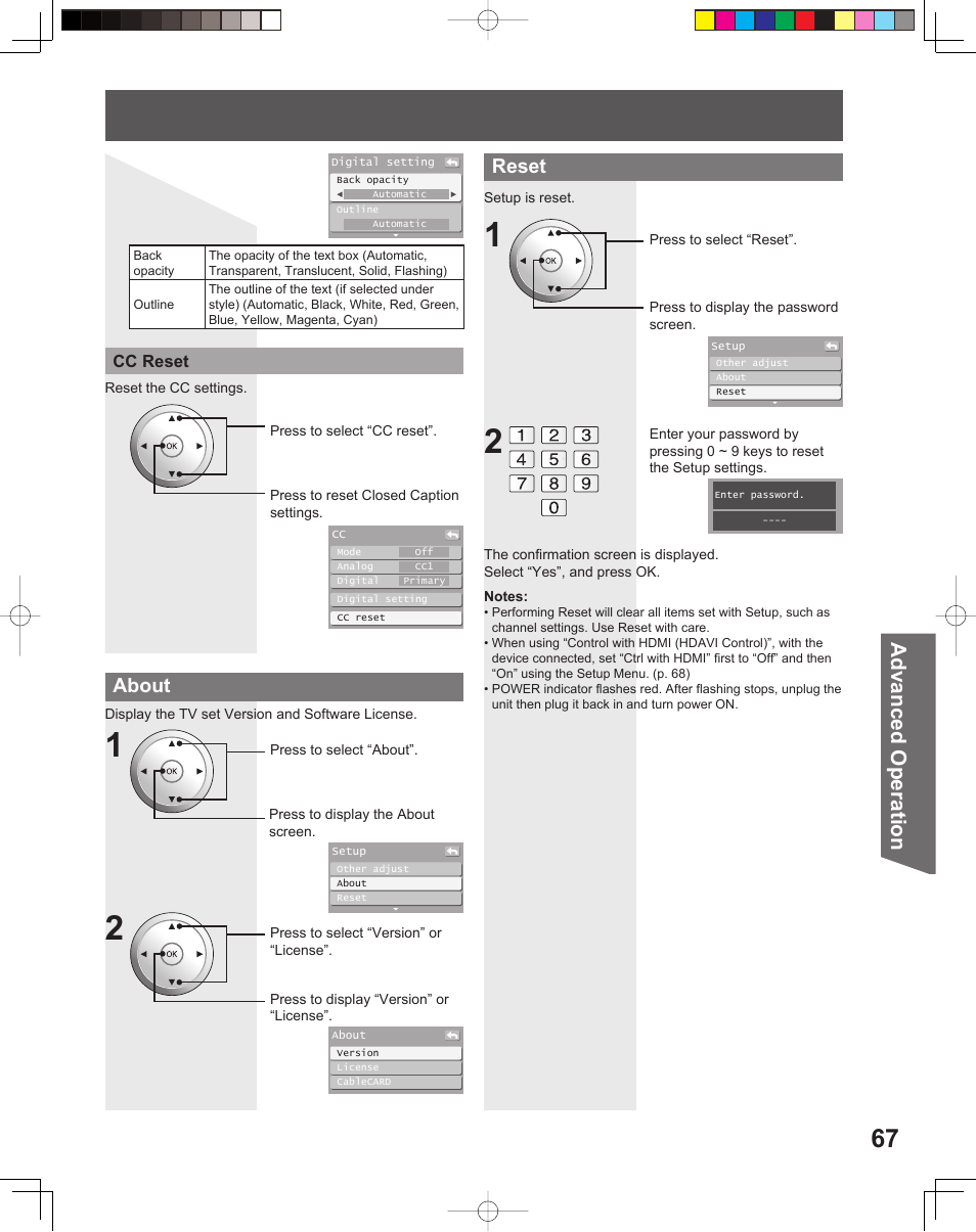 Advanced op er a tion, About reset | Panasonic PT 56DLX76 User Manual | Page 67 / 92