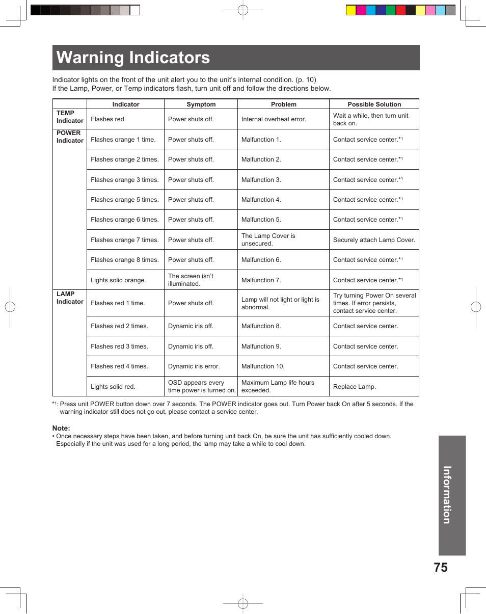 Warning indicators, Information | Panasonic PT 56DLX76 User Manual | Page 75 / 92