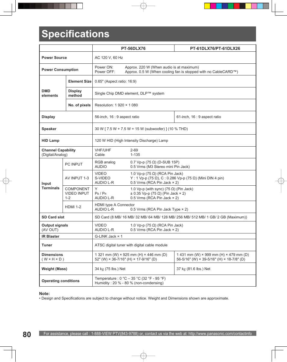 Specifications | Panasonic PT 56DLX76 User Manual | Page 80 / 92