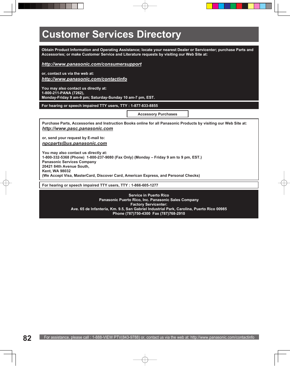 Customer services directory | Panasonic PT 56DLX76 User Manual | Page 82 / 92
