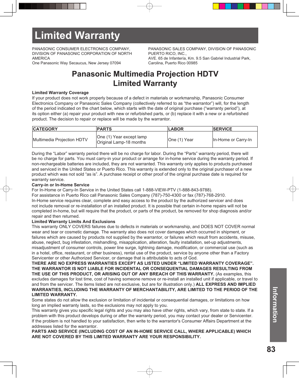 Limited warranty | Panasonic PT 56DLX76 User Manual | Page 83 / 92