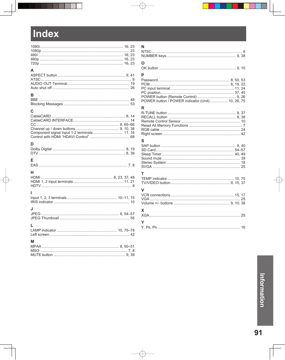 Index, Information | Panasonic PT 56DLX76 User Manual | Page 91 / 92