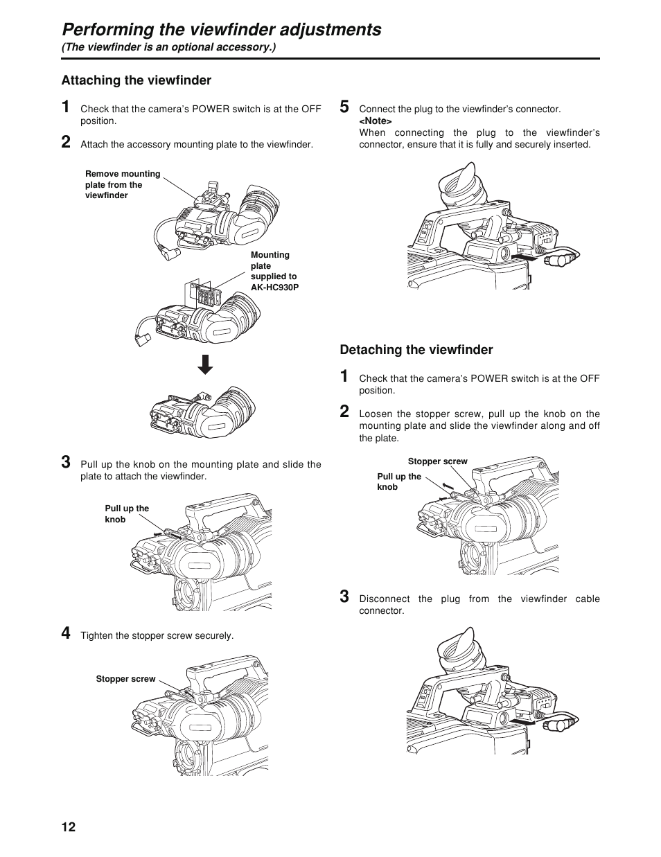 Performing the viewfinder adjustments | Panasonic AK-HC930P User Manual | Page 12 / 30