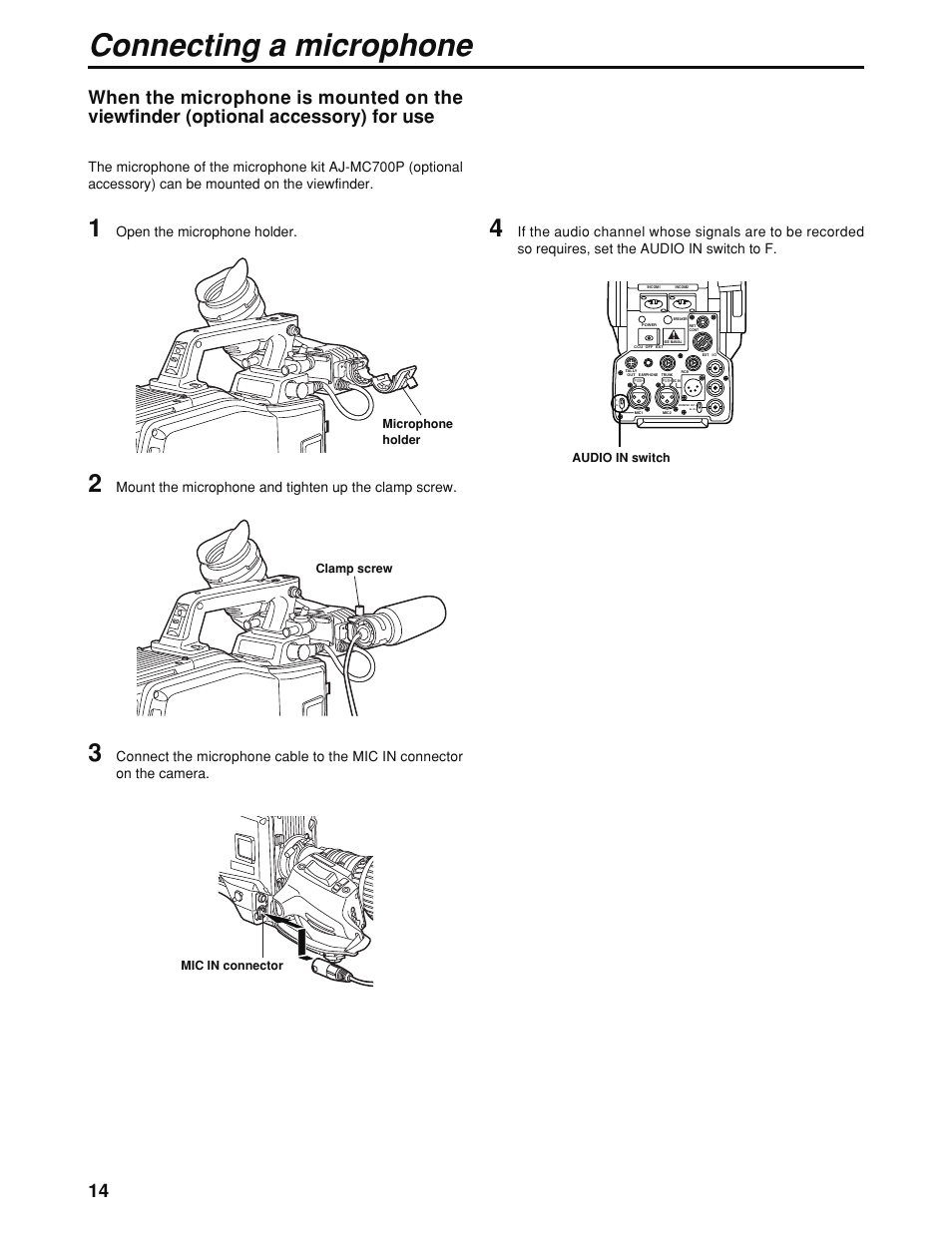Connecting the microphone, Connecting a microphone, Open the microphone holder | Panasonic AK-HC930P User Manual | Page 14 / 30