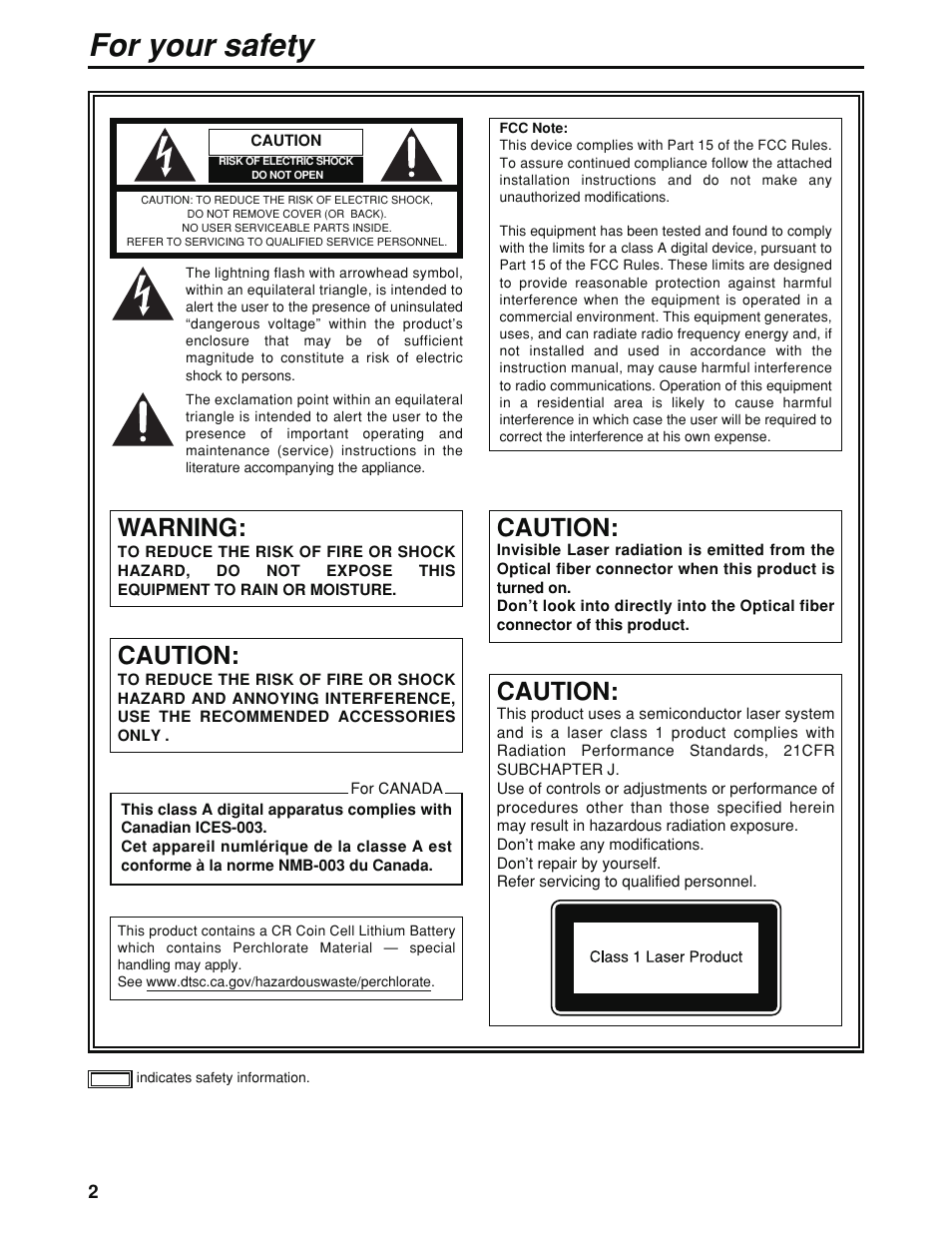 For your safety, Warning, Caution | Panasonic AK-HC930P User Manual | Page 2 / 30