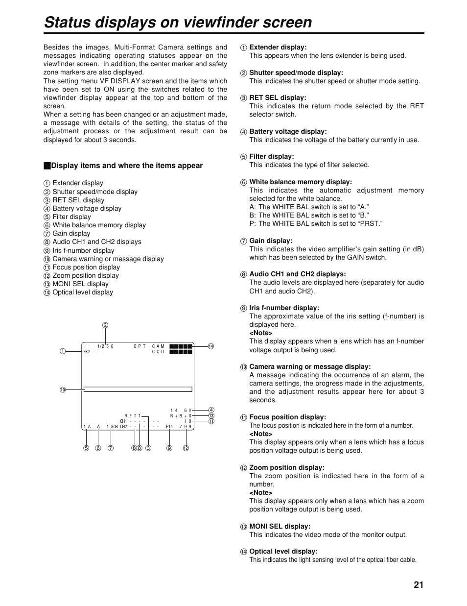 Status displays on viewfinder screen | Panasonic AK-HC930P User Manual | Page 21 / 30