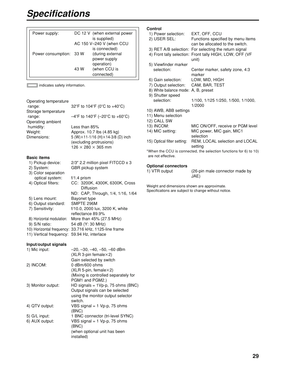Specifications | Panasonic AK-HC930P User Manual | Page 29 / 30